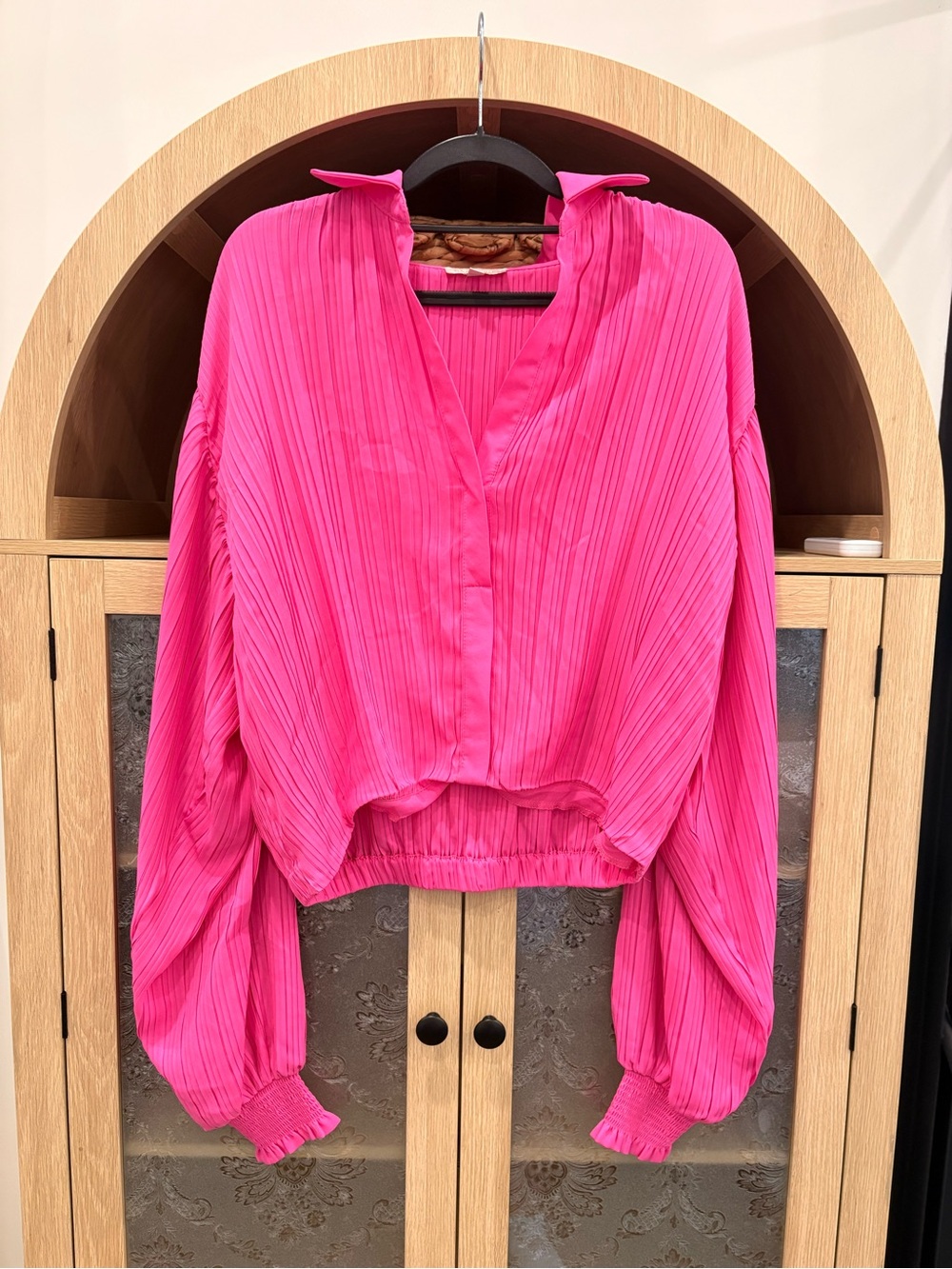 Flying Tomato Hot Pink Pleated V-Neck Blouse